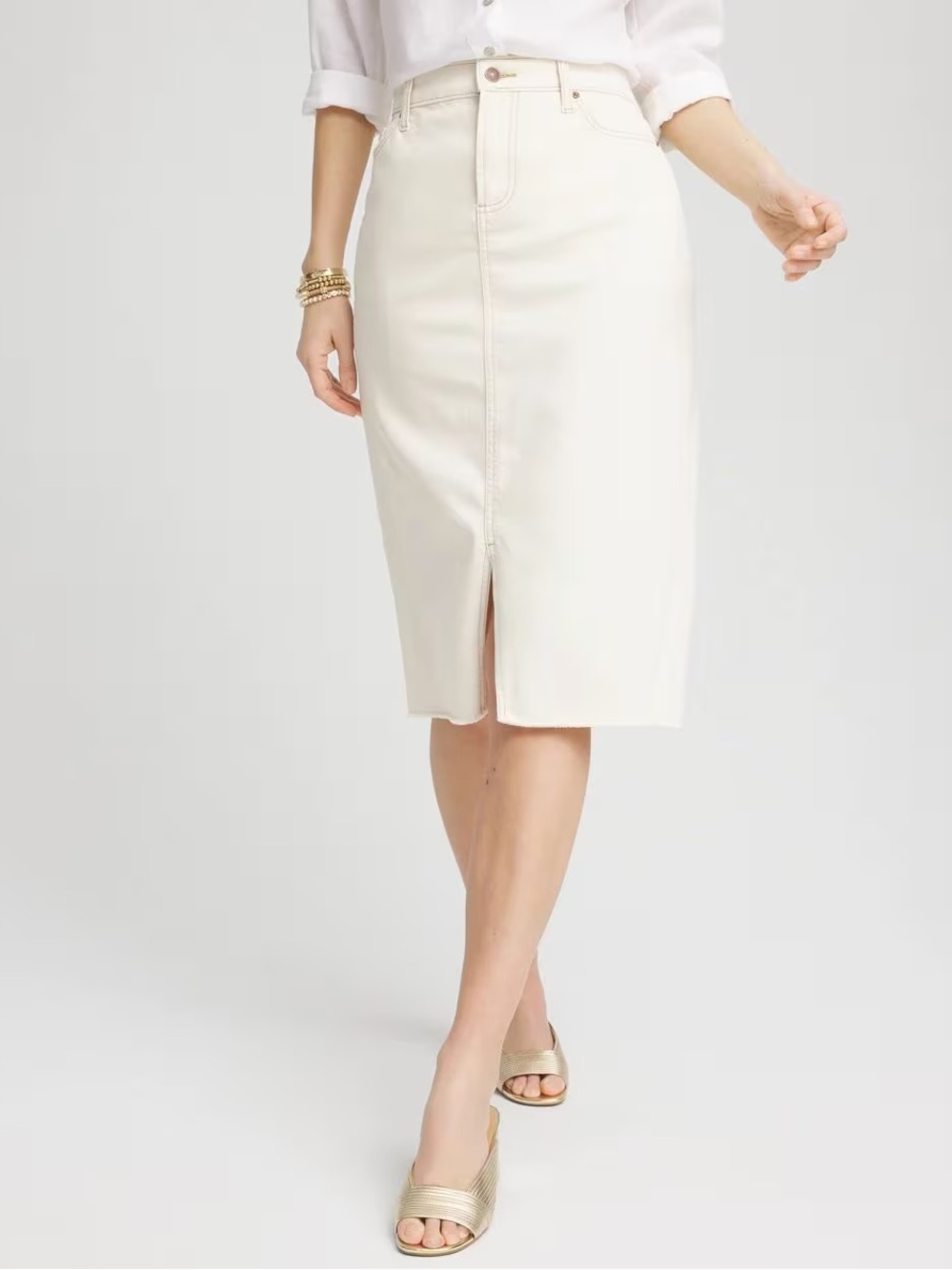 Chico’s Frayed High-Rise Midi Stretch Denim Skirt Sea Salt